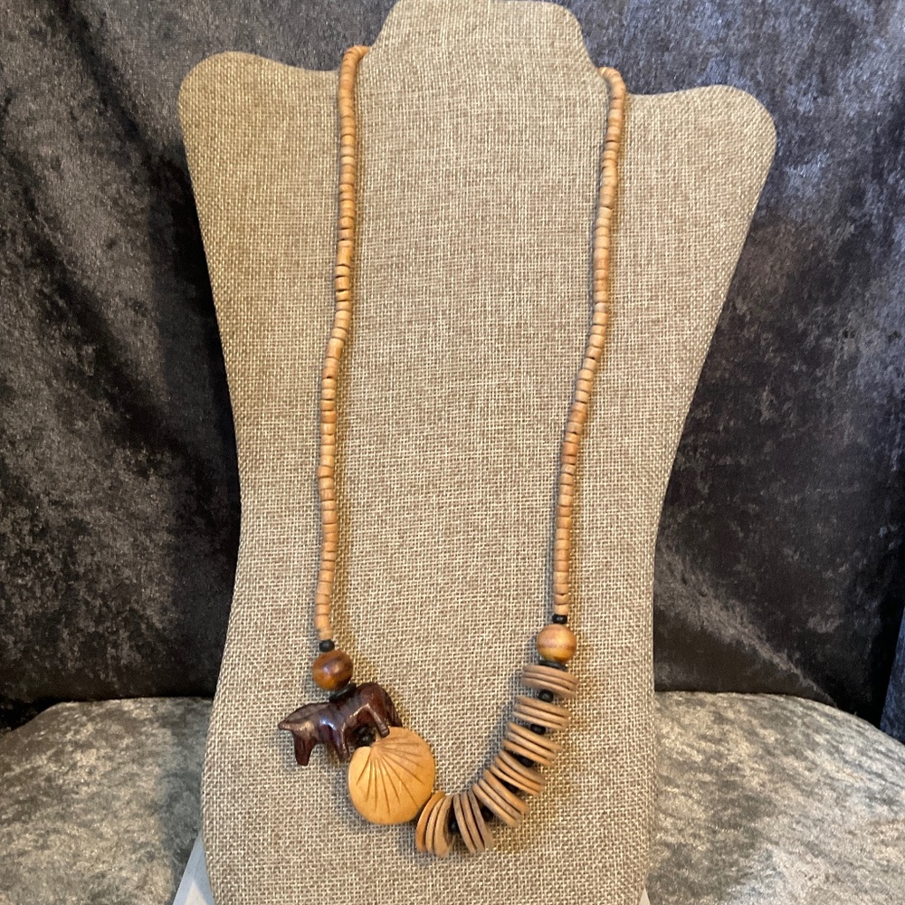 Vintage Wood Heishi Beaded Necklace with Carved Zebra - Picture 1 of 4